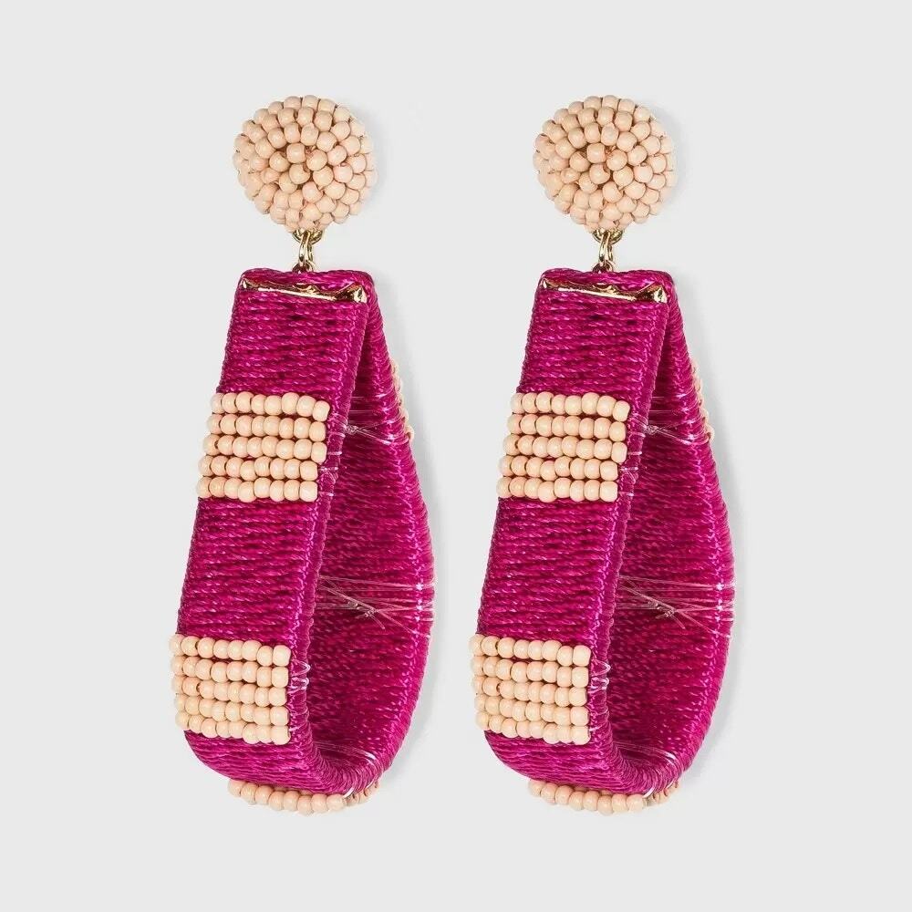 A New Day Earrings Seed Bead Thread Wrapped Teardrop Drop Coral Pink Stylish New